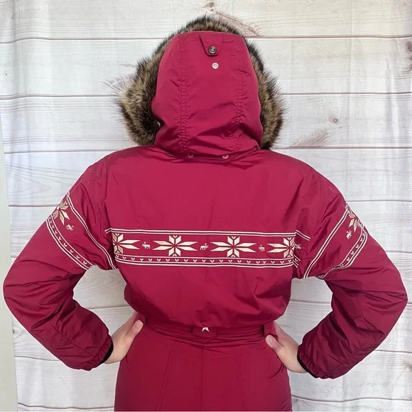 Vintage Bogner One-Piece Embroidered Ski Suit Fur Trimmed Hood Burgundy Sz 10 - Picture 6 of 16